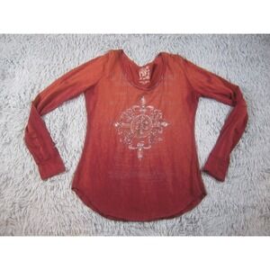 Stoic Shirt Womens XL Rust Red‎ Long Sleeve Rhinestone Fleur-de-Lis Made USA